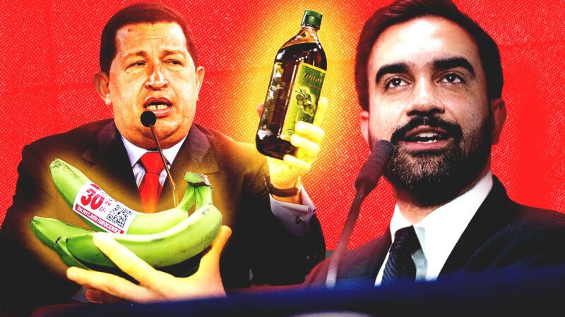 Hugo Chávez holds bananas and a bottle of cooking oil beside Zohran Mamdani. | NYCMayor/X/Jerry Lara/ZUMA Press/Newscom