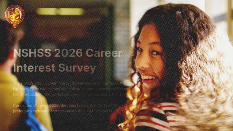 A smiling student with text from a survey overlaid across the image | The National Society of High School Scholars/Yuri Arcurs/Dreamstime