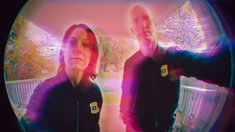 Law enforcement on the other side of front door peephole | Illustration: Midjourney