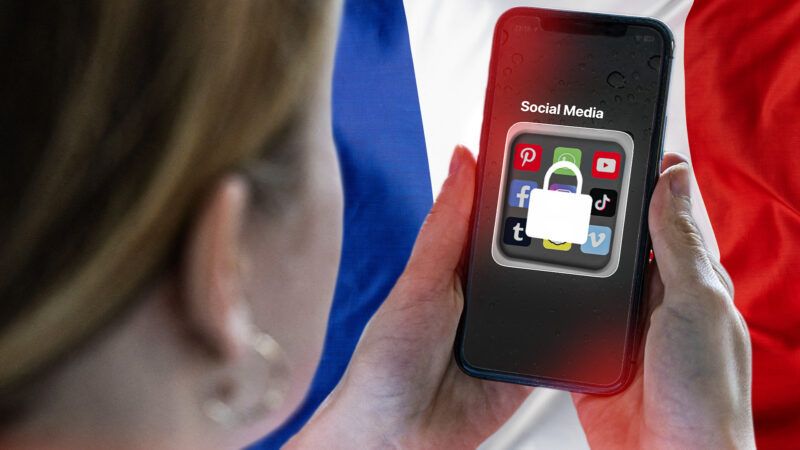 A person holds a smartphone that shows a folder of social media apps on the screen with a lock outline across it. The French flag is in the background. | imageBROKER/Jochen Tack/Newscom/Adani Samat/Envato