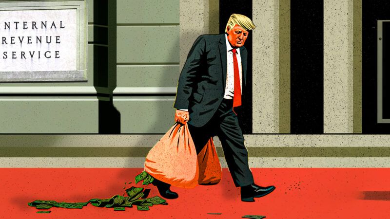 President Donald Trump dragging a bag of money out of the IRS headquarters | Adani Samat/Midjourney