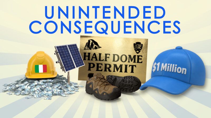 A hard hat with an Italian flag sits on a pile of Euros, a pair of hiking boots rest near a gold permit for the Half Dome hike, and a blue cap labeled with $1 million | ReasonTV