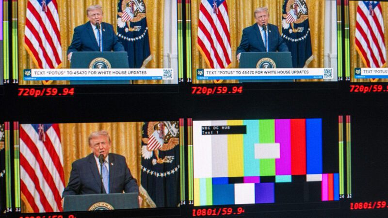 President Donald Trump addresses the nation, as depicted on multiple simultaneous broadcast screens, with one of them showing a test pattern. |  Aaron Schwartz - Pool via CNP/picture alliance / Consolidated News Photos/Newscom