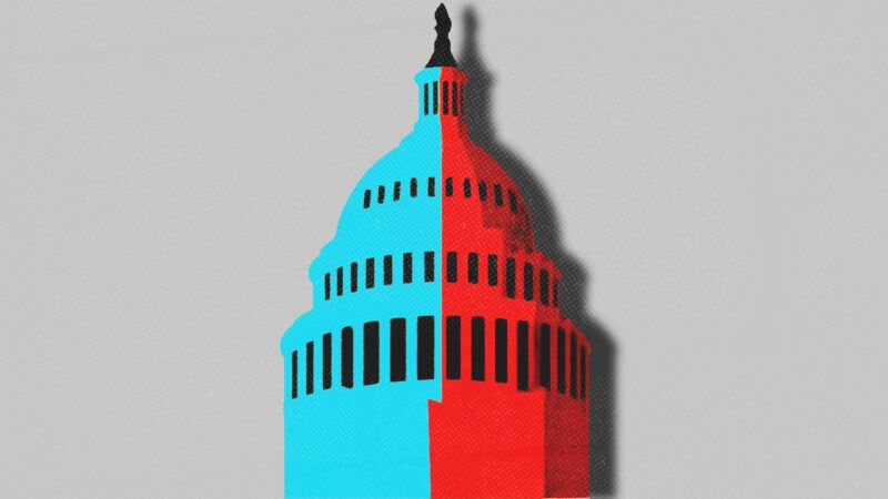 An illustration of the Capitol building, with the left half colored in blue and the right half colored in red | Illustration: Midjourney