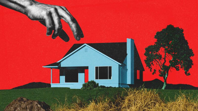 A hand reaches toward a house in front of a red backdrop | Illustration: Janceluch/Dreamstime/Midjourney