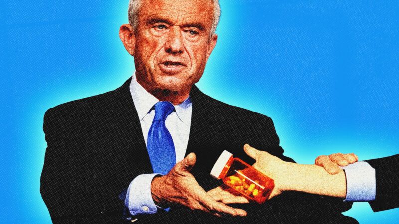 An image of Robert F. Kennedy Jr. accepting a bottle of pills from a hand that's extending from out of the frame. | Illustration: Aaron Schwartz/Sipa USA/Newscom/Midjourney
