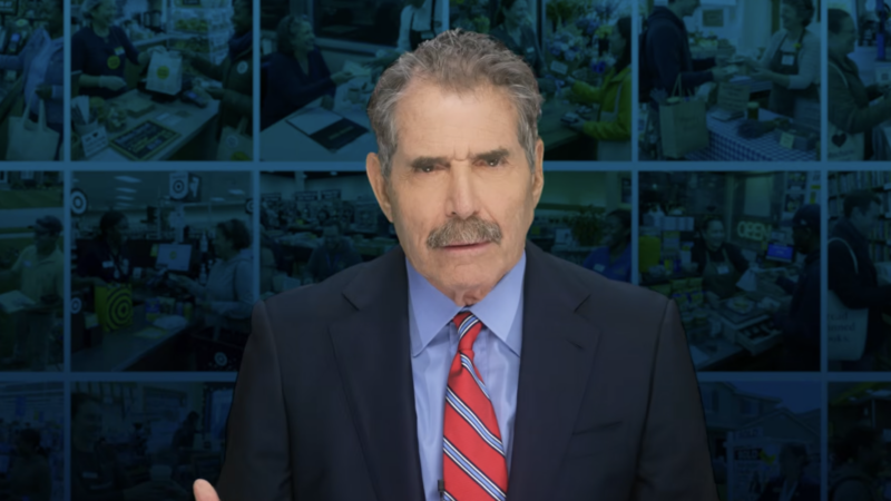 John Stossel stands in front of photos of people conducting business transactions | Stossel TV