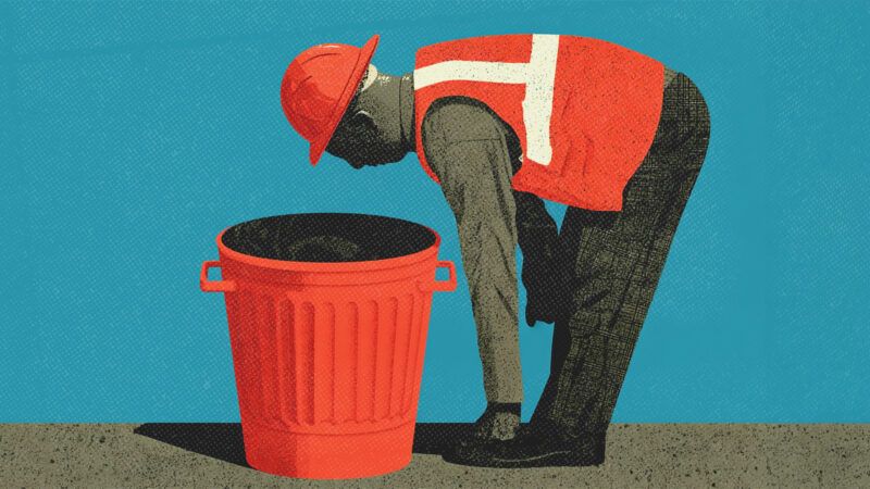 A government employee in an orange vest and work helmet peers into a trash can. | Illustatrion: Midjourney
