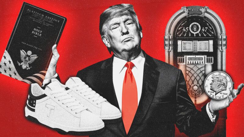 An illustration of Donald Trump with a Trump Bible, Trump sneakers, a Trump jukebox, and a Trump commemorative coin | Illustration: Midjourney