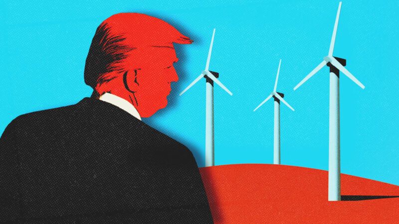 a drawing of President Donald Trump looking at windmills | Midjourney
