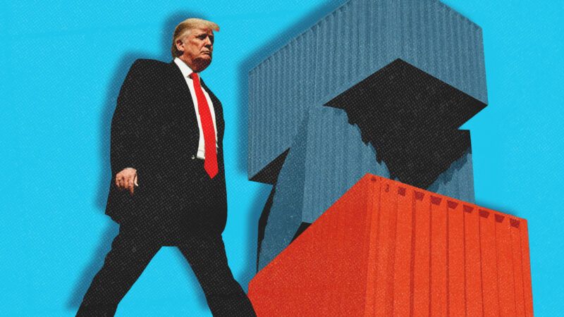 President Donald Trump strides by a stack of shipping containers | Midjourney