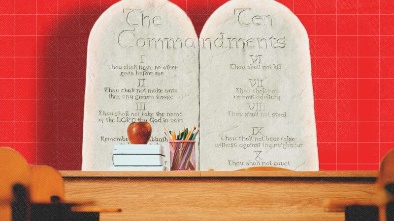 Red background, a desk, an apple stacked on books next to a pencil cup, and the Ten Commandments on stone tablets | Illustration: ESBBasics/Envato/erika8213/Envato