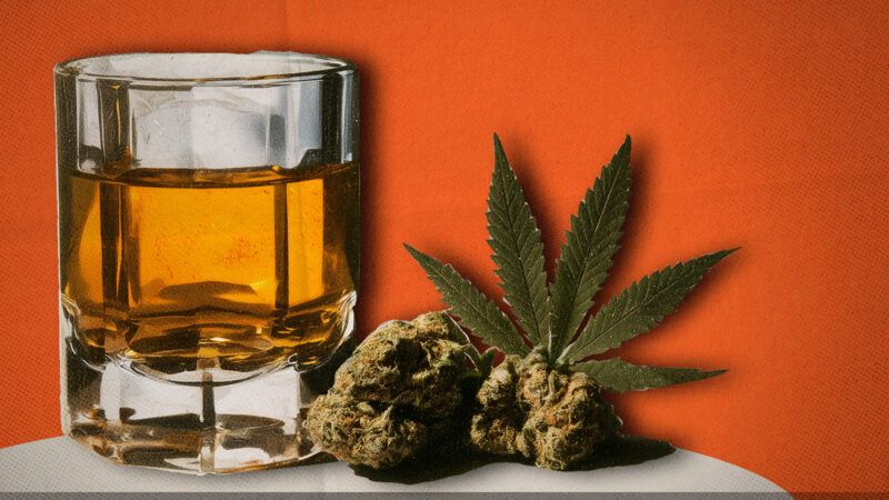 An illustration showing marijuana buds alongside a class of liquor | V2: Illustration: Midjourney.