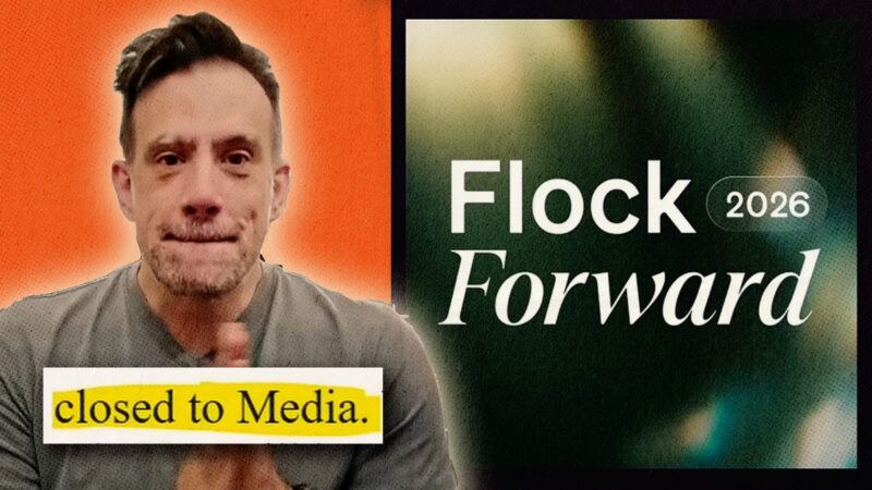 Benn Jordan on the left with an orange background, the Flock conference logo on the right, the words "closed to the media" highlighted in yellow in the bottom left | Benn Jordan/Youtube