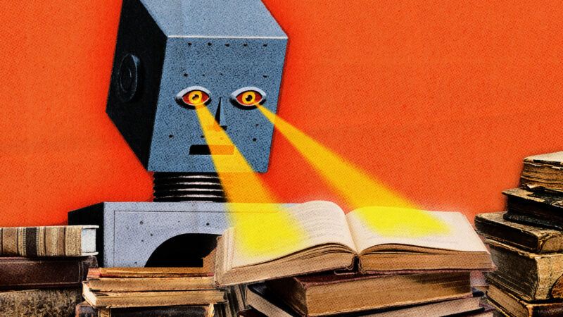 Illustration of a robot's eyes scanning the text of a book | Photo: Yobro10//Valpal/Jiri Hera/Thomas Perkins/Dreamstime. Illustration: FatimaRuiz/ Midjourney.