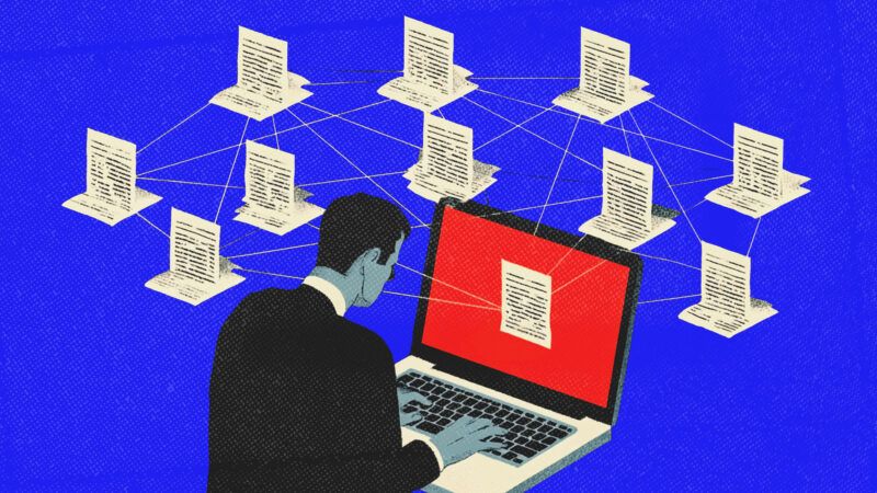 An illustration of a suited man sitting in front of a computer among a network of computers | Illustration: Midjourney