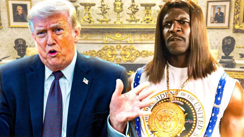 Donald Trump next to Terry Crews as President Dwayne Elizondo Mountain Dew Herbert Camacho in "Idiocracy" | Illustration: Adani Samat. Photo: Aaron Schwartz - Pool via CNP / MEGA / Newscom/RSSIL/Newscom/20th Century Studios