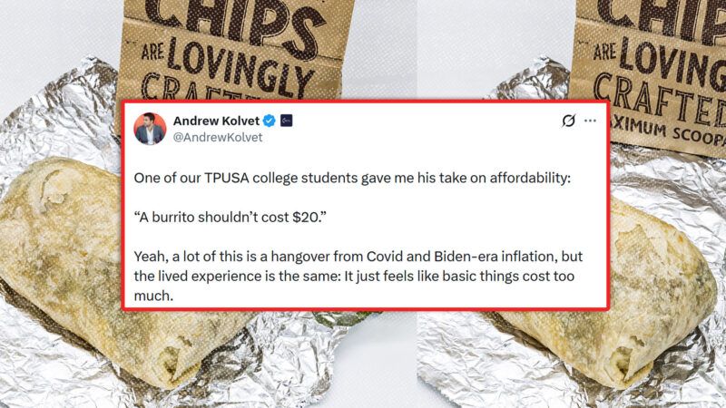 A screenshot of an X post by Andrew Kolvet about $20 burritos | X/James Andrews/Dreamstime