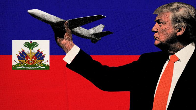 President Donald Trump holding an airplane with the flag of Haiti in the background | Illustration: Ylivdesign/Dreamstime/Midjourney