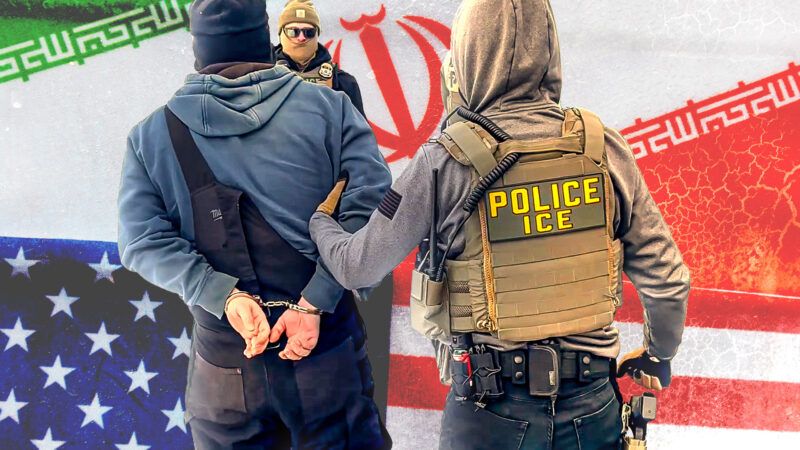 An ICE agent grabs the arm of a cuffed man with the Iran and United States flags in the background | Adani Samat/Lakshmiprasad S/Dreamstime/usicegov/Flickr
