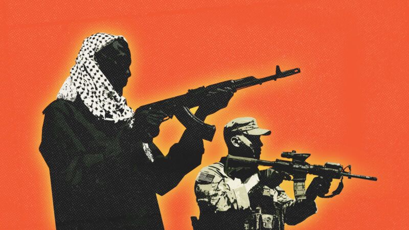 A Sudanese figure holding a gun, in front of an American soldier holding a gun | Illustration: Midjourney
