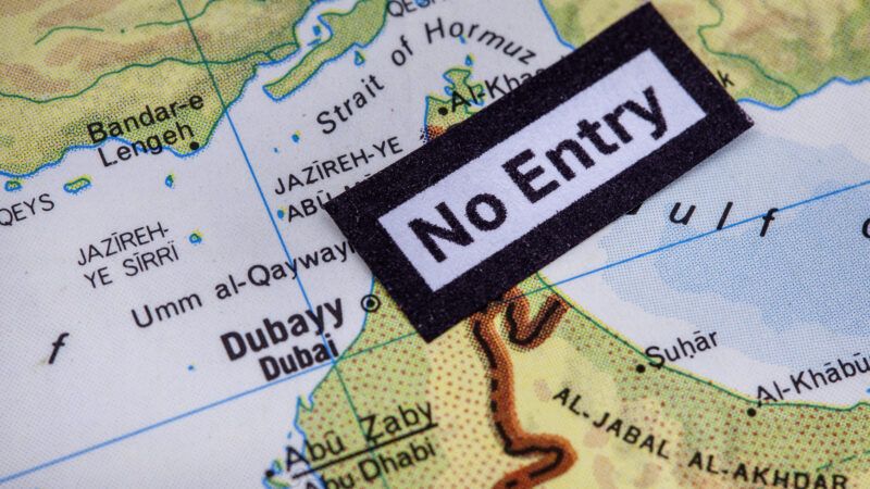 A map of the Strait of Hormuz with a 'no entry' sticker over it | Photo: Aninka Bongers/Dreamstime.