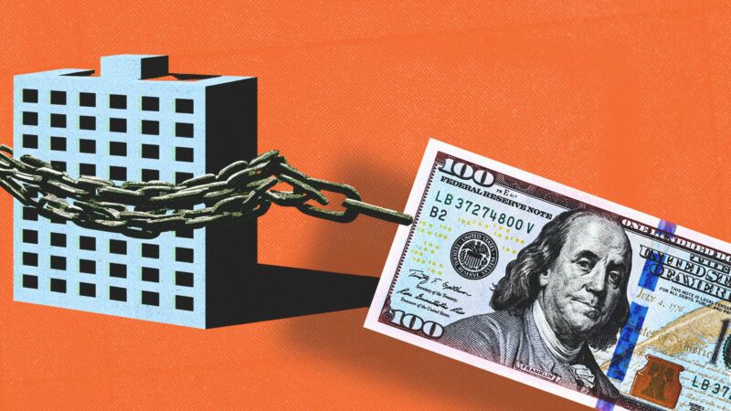An orange background, a $100 bill, and a chained up building | Adani Samat/Envato Elements/Midjourney