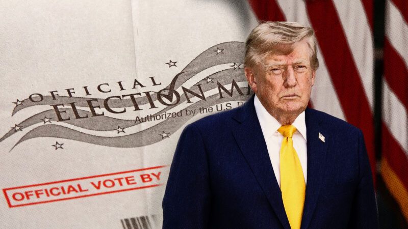 Trump in the foreground, the American flag to the side, a mail-in ballot in the background | Photo: Sipa USA/Newscom/Kilmermedia/Dreamstime