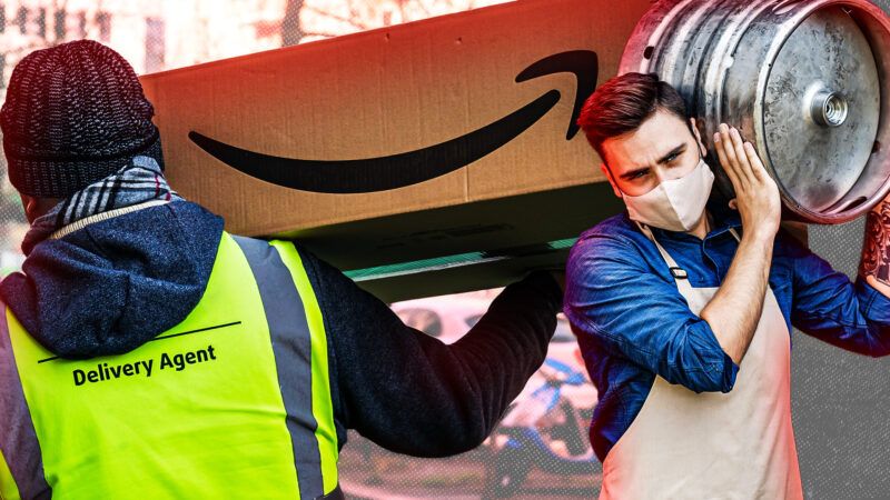 Someone holding a keg walks past someone holding an Amazon package | Prostockstudio/Cineberg Ug/Adani Samat/Dreamstime