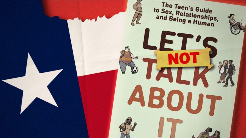 Cover of the book 'Let's Talk About It' in front of the Texas state flag | Penguin Random House. Illustration: Fatima Ruiz/Midjourney.