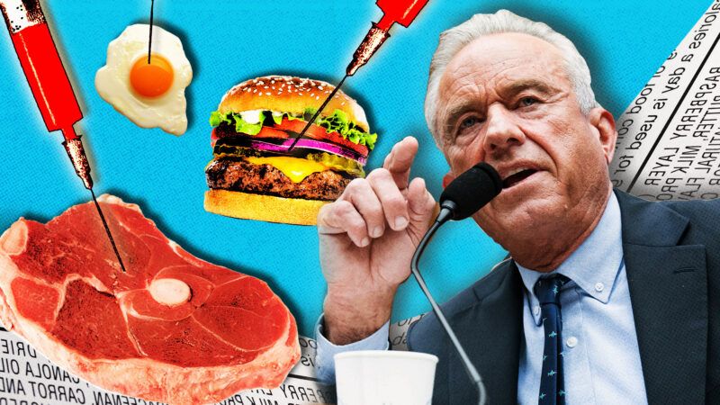 Different types of food and HHS Secretary Robert F. Kennedy, Jr. | Photos: Michael Brochstein/ZUMAPRESS/Newscom. Alexstar/Klimovigor/Gotstock/David Burke/Dreamstime. Illustration: Fatima Ruiz/Midjourney.