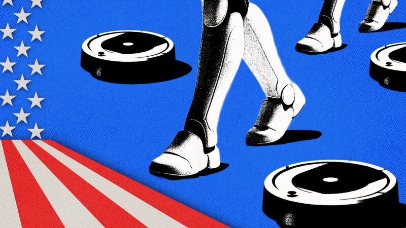 Robots and robot vacuums, and the U.S. flag | Photo: Elena Karetnikova/Dreamstime. Illustration: Midjourney, Fatima Ruiz.