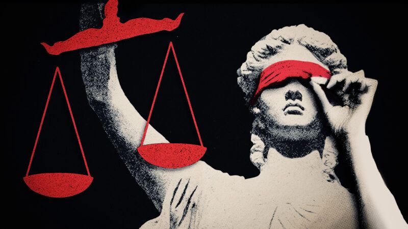 Lady Justice peeks out from under her blindfold. | Vladimirfloyd/Dreamstime. Illustration: Fatima Ruiz/Midjourney
