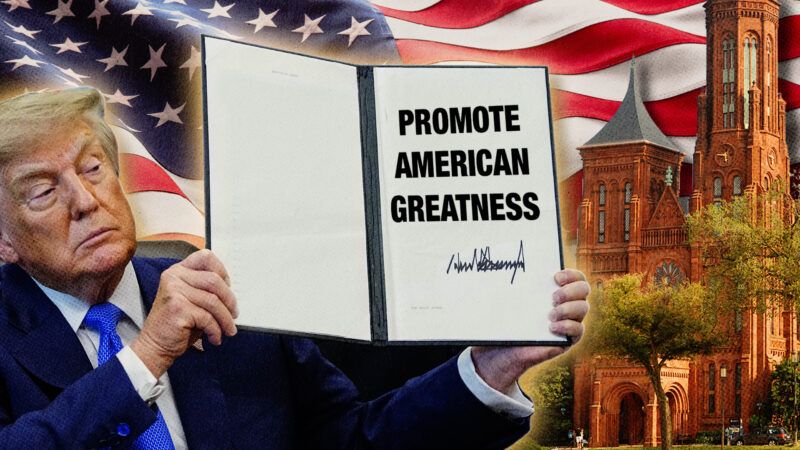 An illustration of Donald Trump holding up an executive order that says "promote American greatness" | MaksimPasko/Jiawangkun/Dreamstime/CNP/ AdMedia/Newscom. Illustration: Fatima Ruiz.