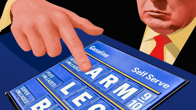 An illustration of Donald Trump pointing to gas prices that cost an "arm" and a "leg" | Illustration: Adani Samat/Midjourney/Heather Craig/Dreamstime.com