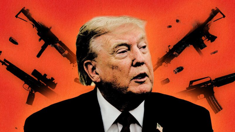 A red background, black outlines of guns, and Trump in the foreground | Photo: AdMedia/MEGA/JGLIT/Newscom. Illustration: Midjourney.