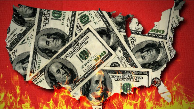 An illustration of the United States covered in $100 bills and surrounded by flames | Illustration: Indos82/Irontrybex/Dreamstime