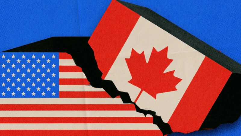 U.S. and Canadian flags torn apart from one another | Illustration: Midjourney