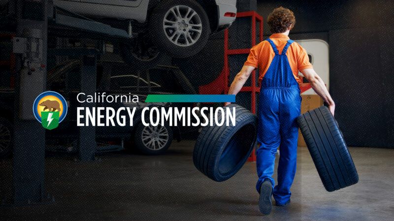 A mechanic carries tires, alongside the logo for the California Energy Commission. | NomadSoul/Newscom Illustration: NomadSoul/Newscom/California Energy Commission