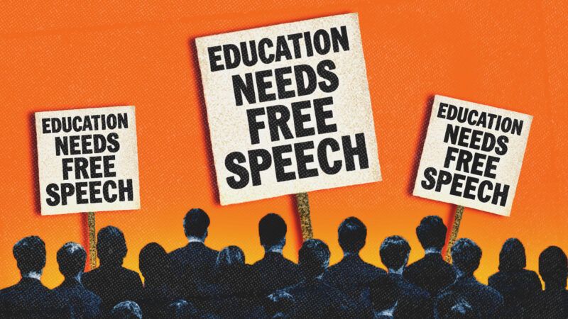 A crowd carries signs that say "Education Needs Free Speech." | Illustration: Midjourney Photo: Monkey Business Images/Dreamstime