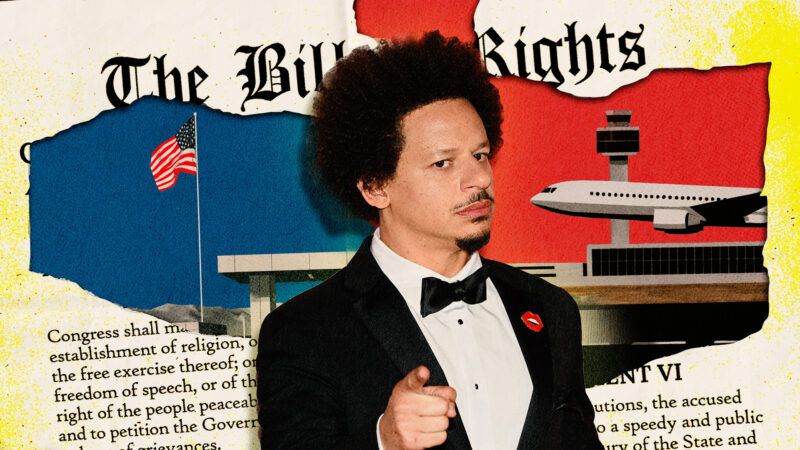 Eric André, the Bill of Rights, and a plane taking off from an airport. | Efren Landaos/Sipa USA/Newscom/Maria Dryfhout/Dreamstime. Illustration: Fatima Ruiz/Midjourney