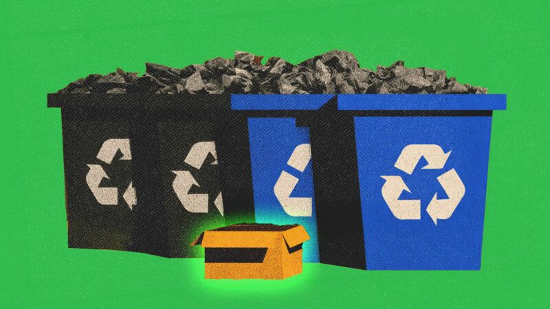 Overflowing trash and recycling bins | Illustration: Midjourney
