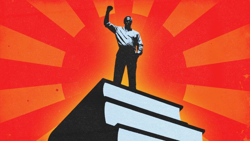 Propaganda-style photo of a man standing atop a pile of books with a fist in the air, against a rising sun. | Viktor Budyka/Dreamstime/Midjourney