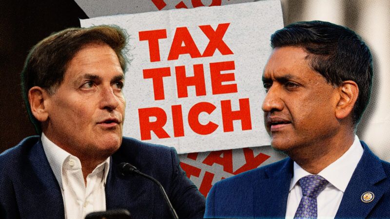 Mark Cuban and Ro Khanna are seen with a "tax the rich sign" between them | Photos: Mattie Neretin - CNP /MEGA/RSSIL/Bill Clark/CQ Roll Call/Newscom. Illustration: Fatima Ruiz/Midjourney