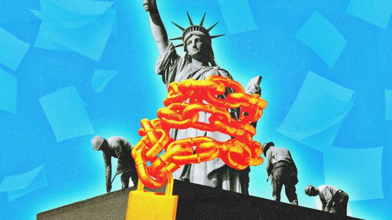 Chains around the State of Liberty, as people work nearby | Illustration: Andrei Dzemidzenka/Albund/Dreamstime/Midjourney