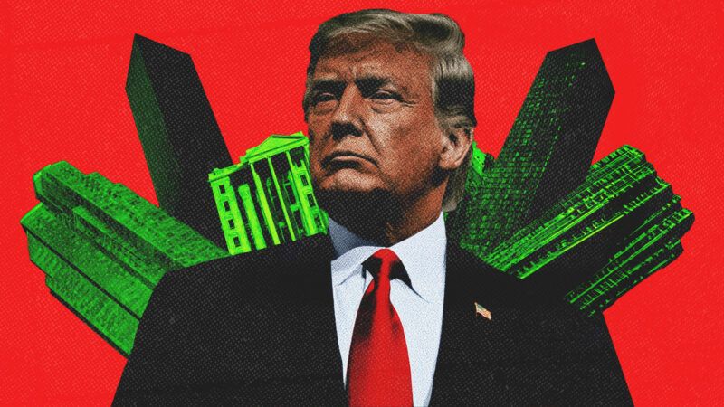 Donald Trump stands in front of green buildings | Illustration: Midjourney