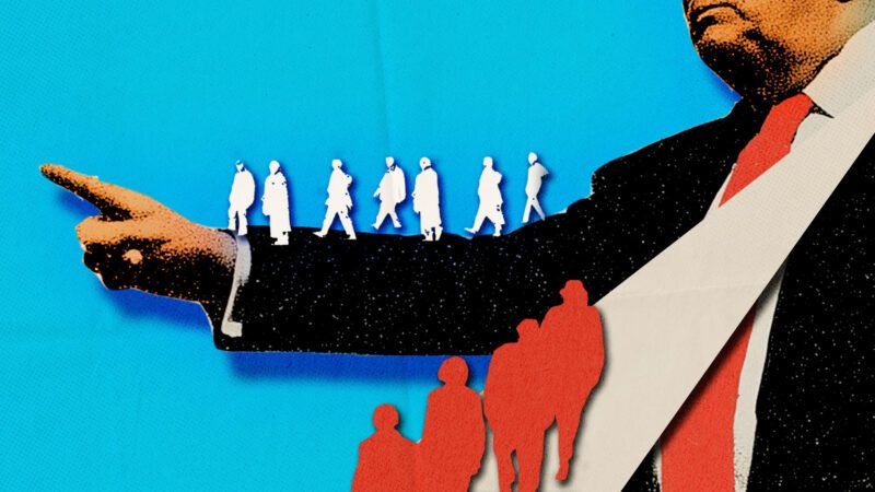 Donald Trump with immigrants seen walking on his arm and up his tie | Illustration: Fatima Ruiz/Midjourney.