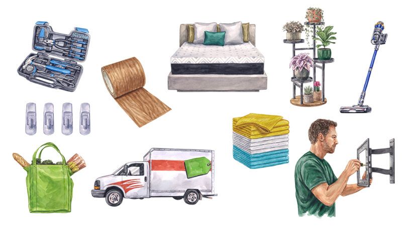 An illustration showing several items related to moving, including a tool set, a vacuum, and wall hooks | Illustrations: Galich Ws/Fiverr