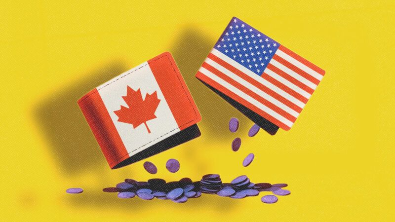 Coins falls out of wallets bearing the flags of Canada and the U.S. | Illustration: Midjourney