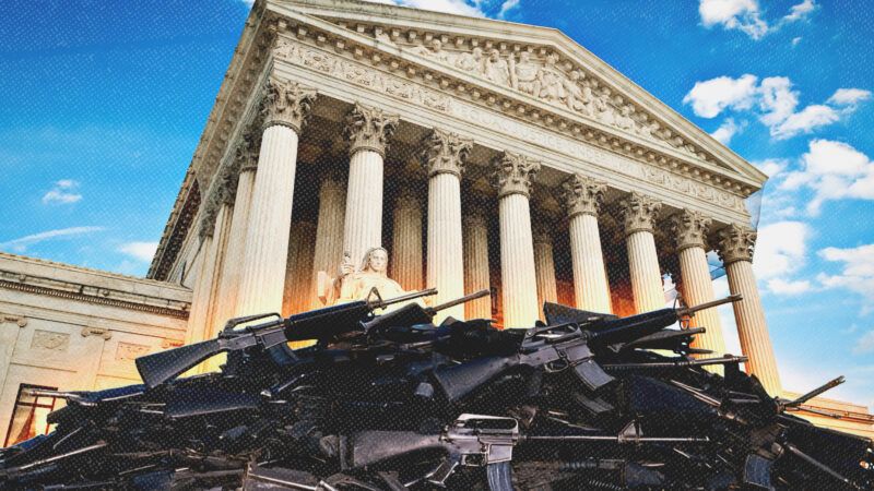 An illustration showing a large pile of rifles in front of the Supreme Court building | Illustration: Camrocker/Dreamstime/Midjourney